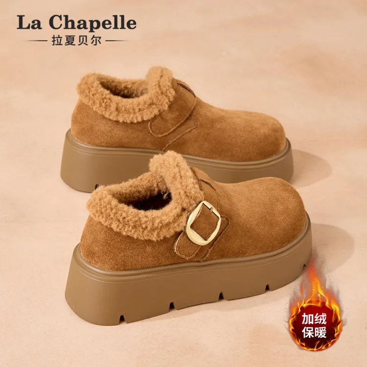 拉夏贝尔厚底勃肯鞋增高加绒保暖女2025新款冬季雪地靴毛毛鞋棉鞋