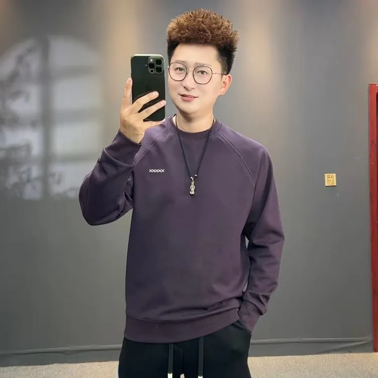 春秋季圆领长袖刺绣套头卫衣纯色上衣休闲男装男士百搭时尚55801