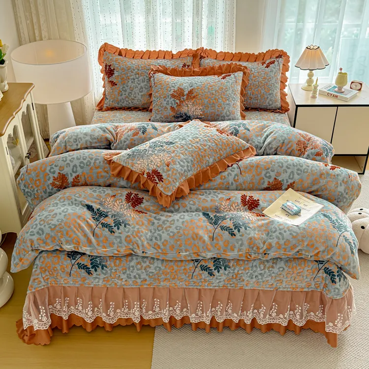 牛奶绒夹棉床盖四件套冬加厚保暖防滑蕾丝荷叶边公主风床罩3件套