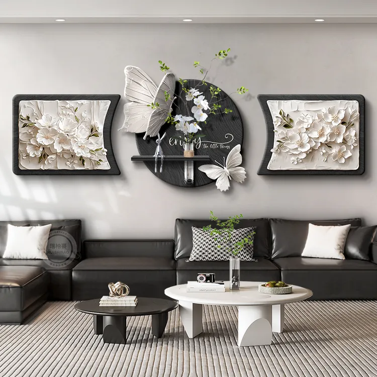 现代轻奢客厅装饰画水培绿植沙发背景墙画适合大白墙蝴蝶高级壁画