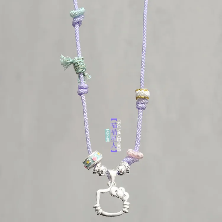 吊坠足银 女宝宝999足银猫咪项链儿童纯粉紫绳少女心满月周岁礼物