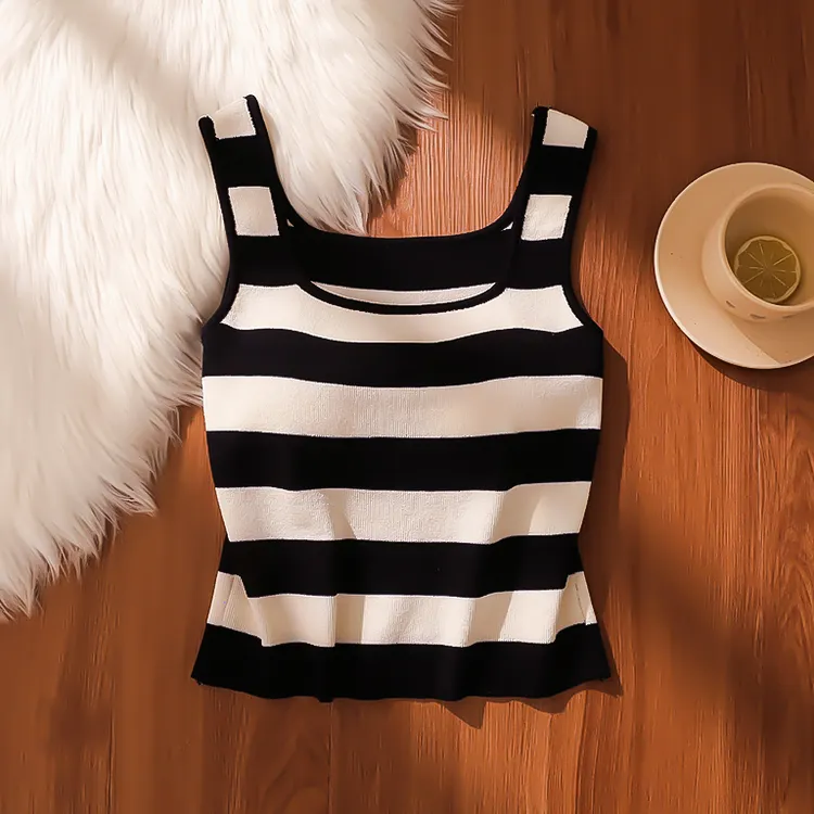 辣妹条纹针织吊带背心女夏季新款无袖露肩坎肩宽松高级感外穿上衣