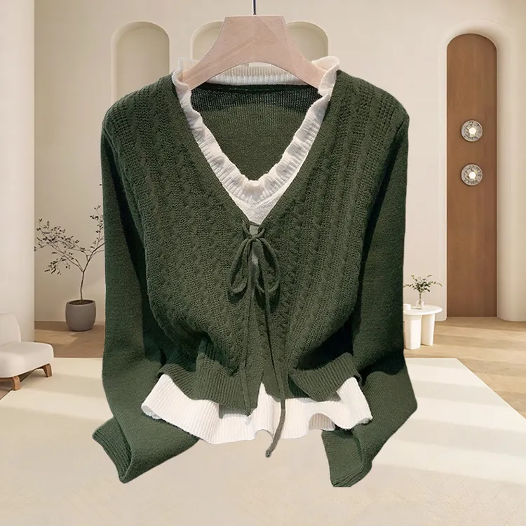 胖MM韩系v领针织毛衣设计感小众休闲假两件撞色针织衫小香风上衣