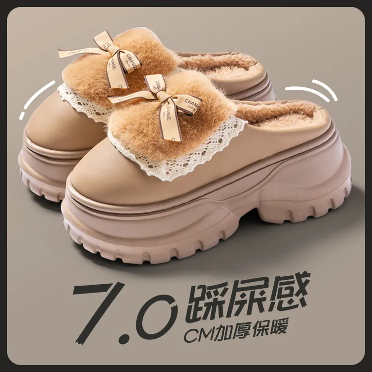 图彩朵蝴蝶结棉拖鞋女秋冬外穿厚底增高防水保暖潮流百搭棉拖女款
