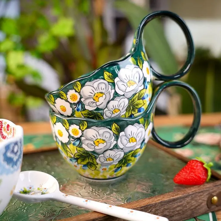 兮房浅茉曲把杯450ml大容量家用早餐杯带勺杯子网红高颜值兮房餐