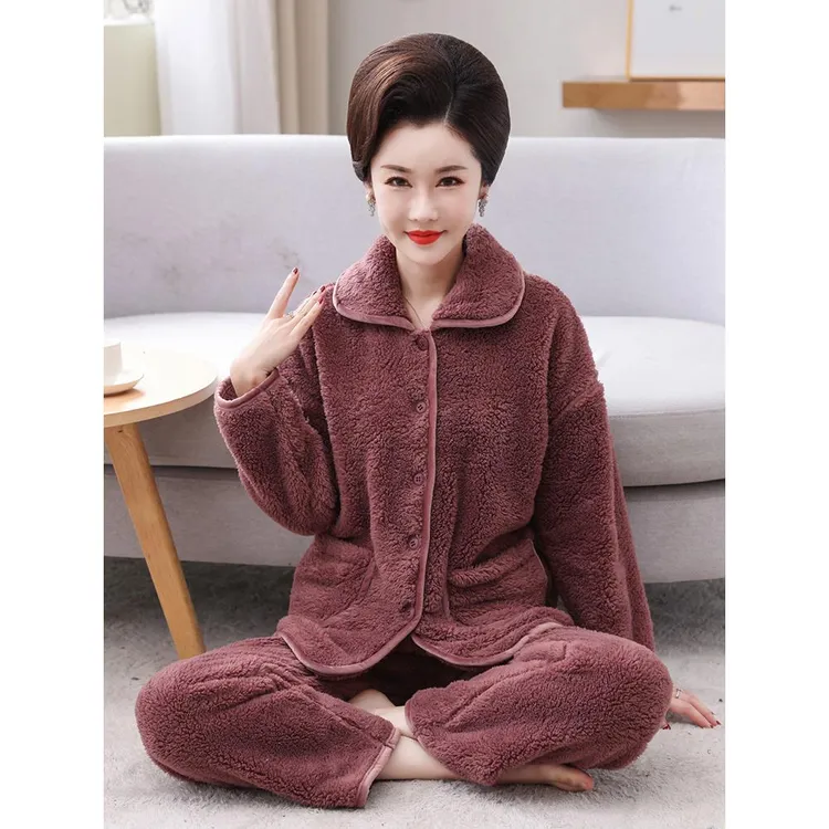秋冬季睡衣女中年妈妈珊瑚绒中老年人法兰绒老人奶奶加厚加绒保暖