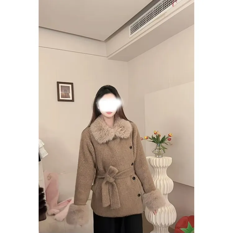 韩版短外套复古加厚针织外套女秋冬季大衣拼接保暖外套气质翻领