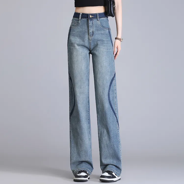 时尚潮流撞色窄版阔腿牛仔裤女2025春秋新款设计感高腰显瘦直筒裤