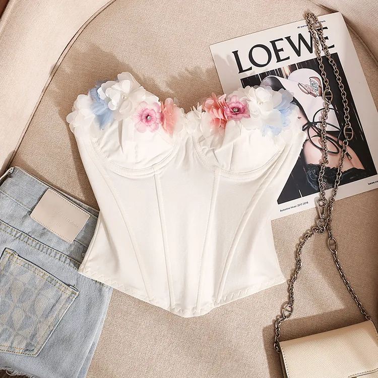 白色抹胸玫瑰花露背鱼骨辣妹性感上衣钢圈收腰排扣吊带背心女内搭