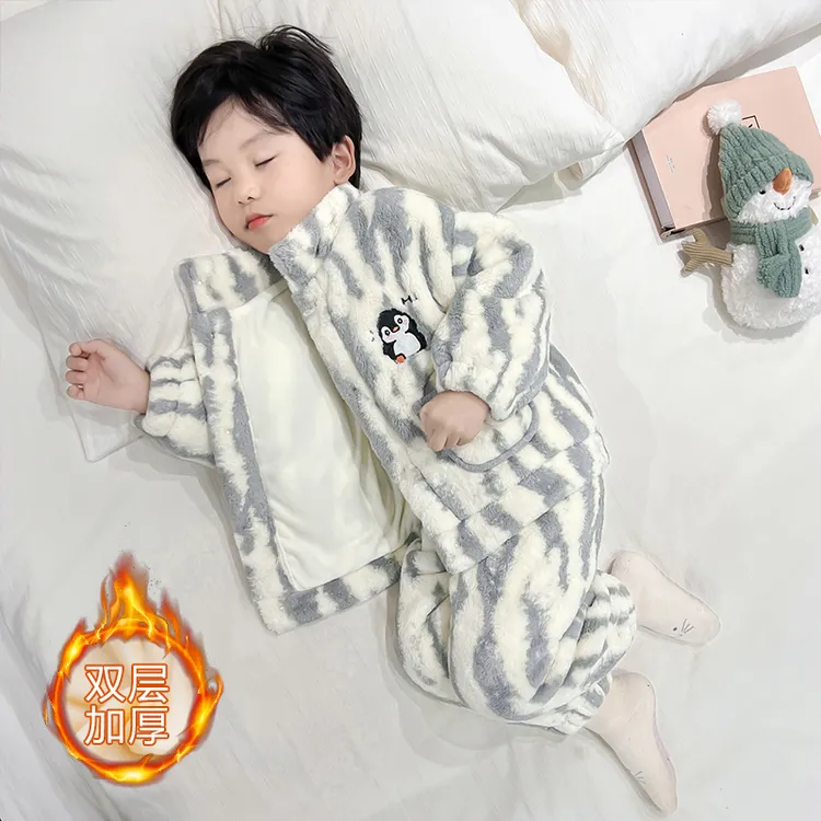 儿童双层加绒加厚睡衣男童秋冬款珊瑚绒保暖中小童套装家居服冬款