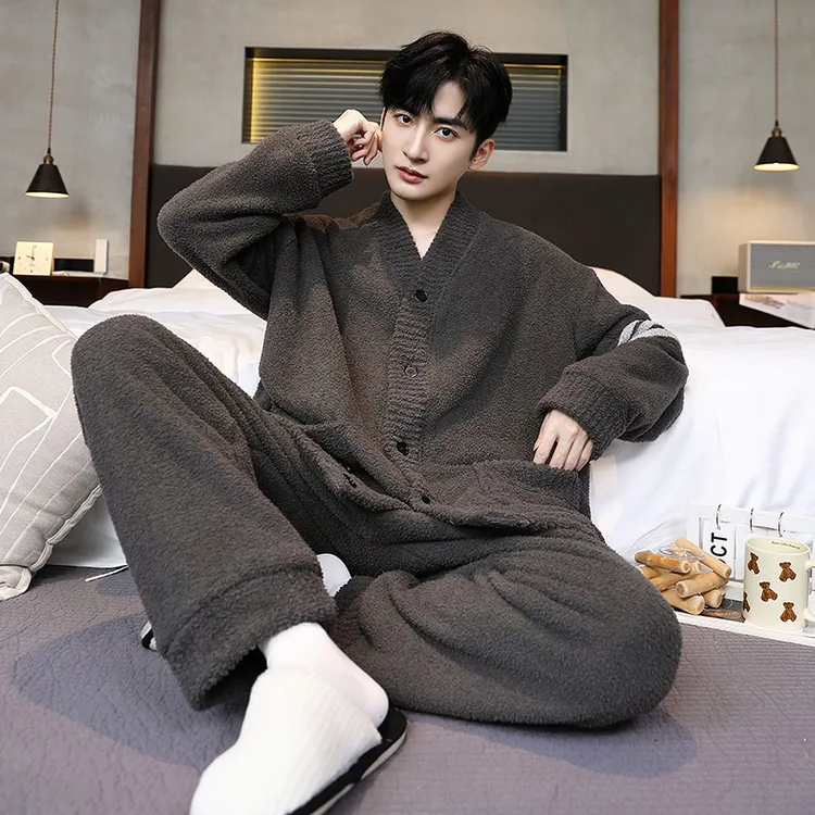睡衣男士秋冬款珊瑚绒加厚加绒新款冬天半边绒高档保暖家居服套装