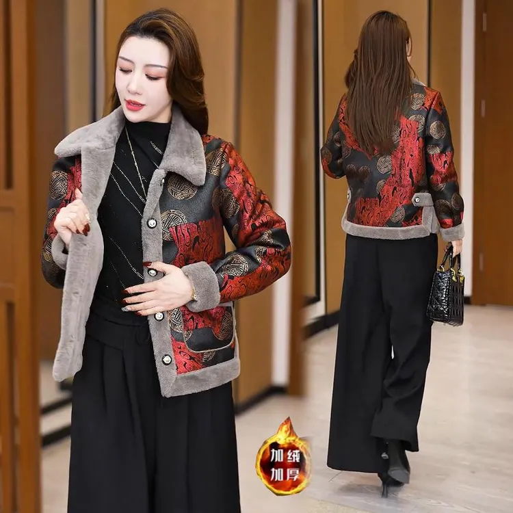 加绒加厚棉衣棉服女2024冬季新款时髦洋气国风印花小个子短款棉袄