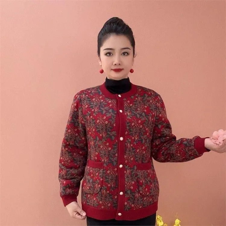 秋冬新款加绒开衫中老年妈妈碎花加厚衣服老太太保暖洋气外套上衣