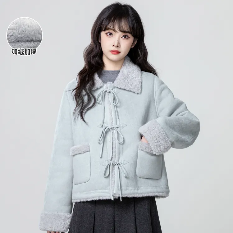 蓝色翻领麂皮绒外套女冬2025冬季新款加厚皮毛一体羊羔绒短款上衣