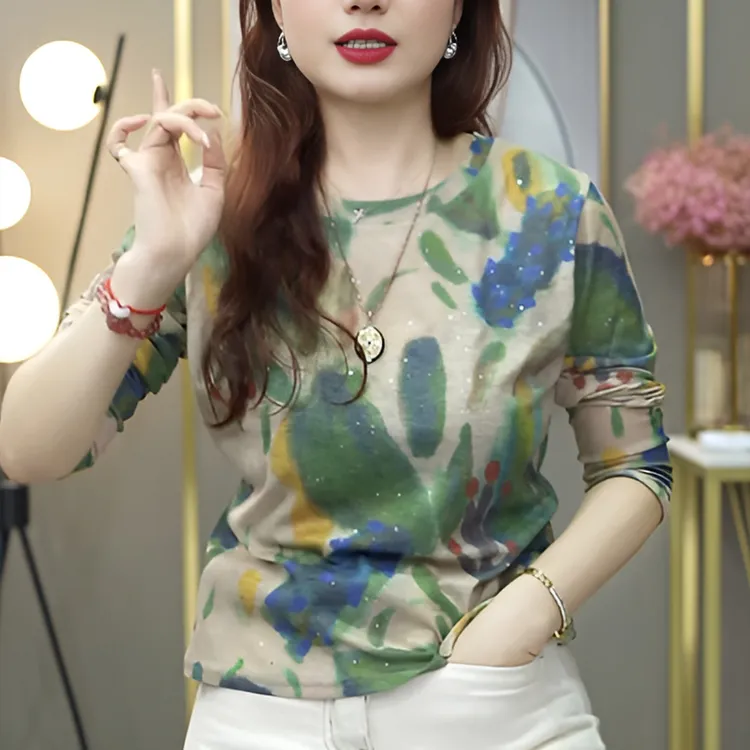 【青枝绿叶】新款时尚百搭修身显瘦复古设计圆领长袖T恤女上衣1803