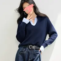 叠穿美学！！衬衫拼接~时髦撞色假两件 松弛感#毛衣女Y8419藏青