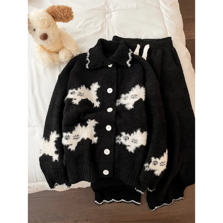 韩版设计感卡通半边绒睡衣女冬季新款加绒加厚保暖家居服套装大码