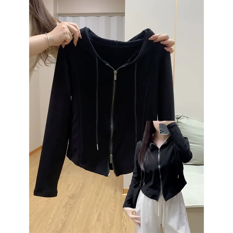 特大码200斤韩系小众鱼骨线设计感连帽开衫卫衣女秋季显瘦长袖t恤