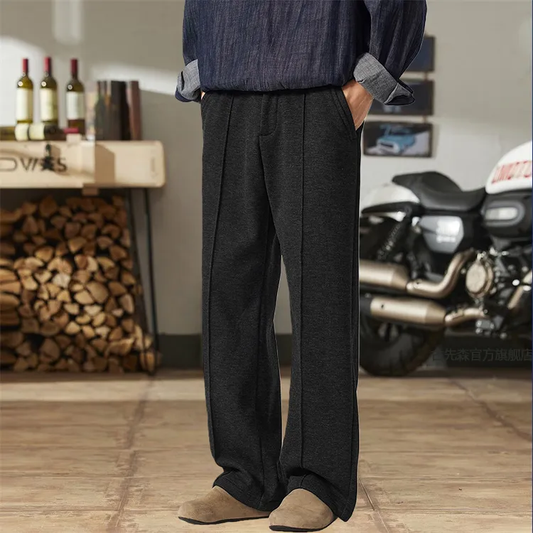 高级感老钱风冬季加绒加厚绵羊毛西裤男宽松直筒百搭男士休闲裤子