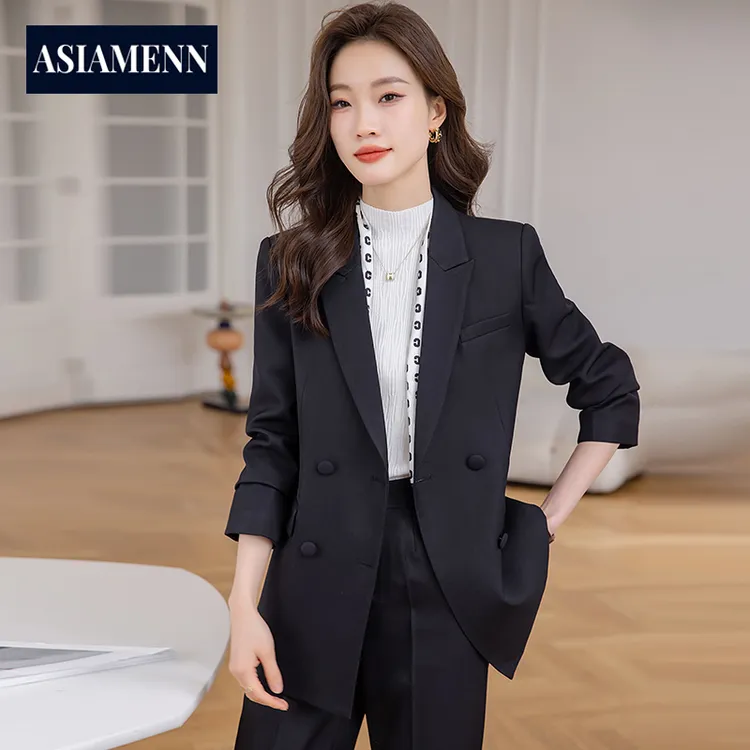 黑色双排扣西装外套女装春秋季行政女装套装中长款休闲长袖职业装