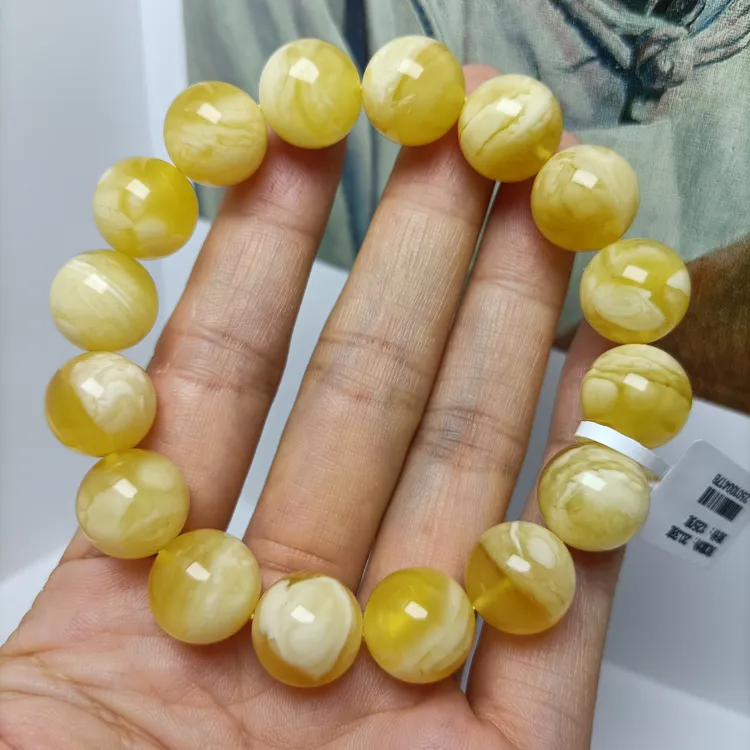 13+蜜蜡圆珠手串~俄料金白溶洞雪妖花高货品质~4178