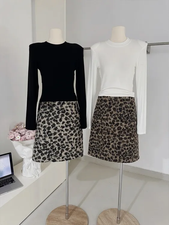 美式复古豹纹毛呢半身裙冬季新款韩版高腰宽松显瘦百搭直筒裙