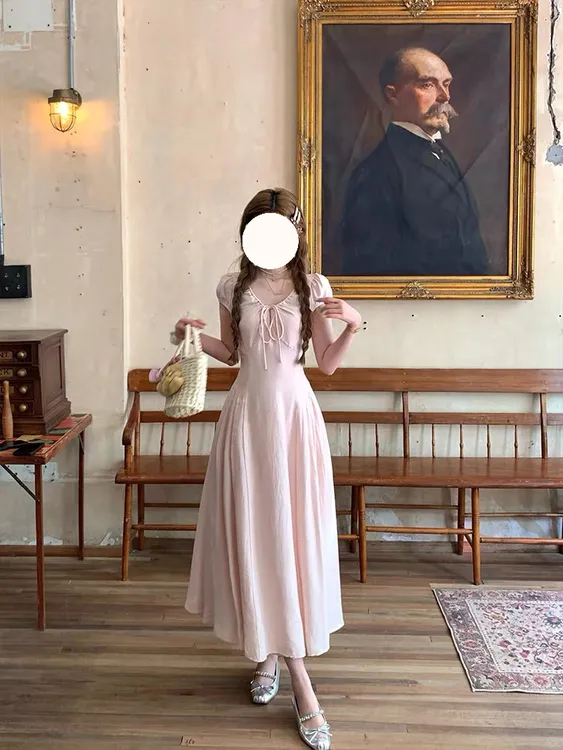 粉色气质v领收腰a字连衣裙女夏季复古宽松显瘦粉色连衣裙