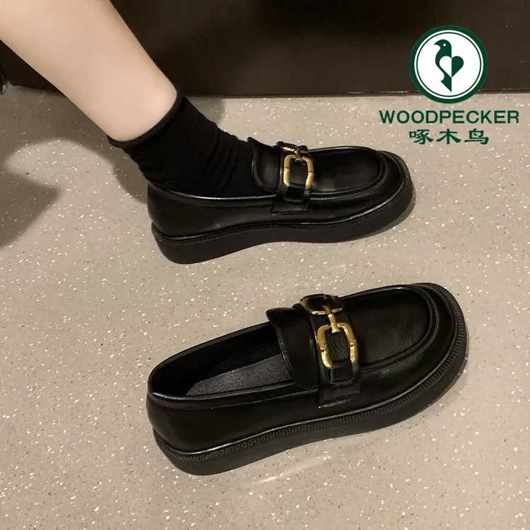 啄木鸟软面乐福鞋女一脚蹬2025新款平底单鞋黑色复古英伦风小皮鞋