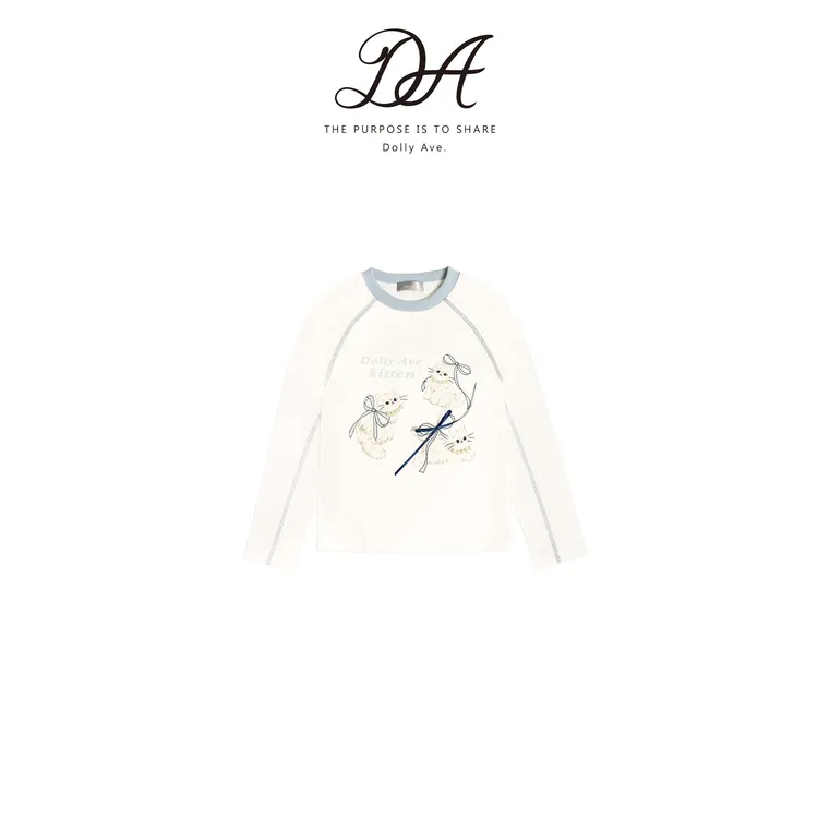 Dolly Ave「少女系列」高定优可丝精梳棉混纺小猫手工蝴蝶结女童T恤