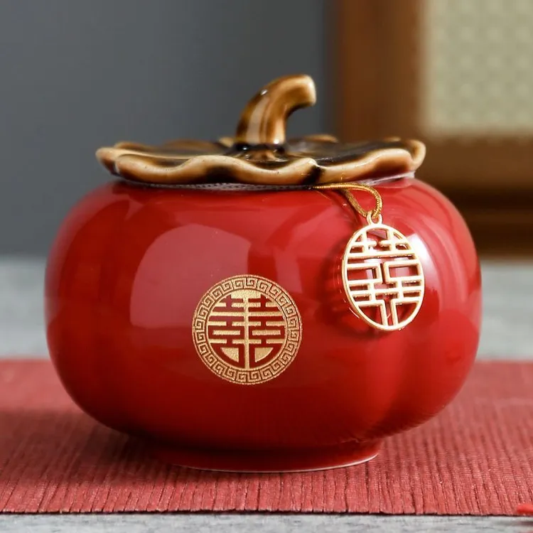 糖罐墙壁结婚一对喜庆陶瓷柿子罐特大号客厅茶叶罐柿柿如意喜摆件
