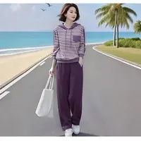 秋季新款时尚撞色条纹连帽上衣+九分裤两件套装
