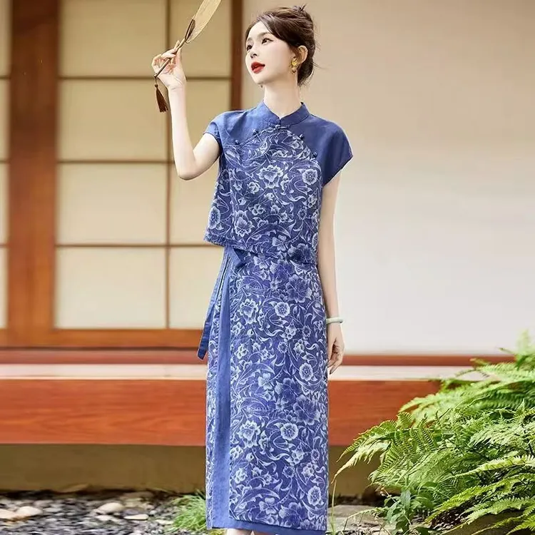 改良旗袍两件套裙女2025夏季新款苎麻印花新中式国风复古文艺气质