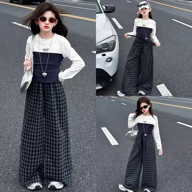 女童超好看韩系套装秋季2025新款大童潮酷穿搭长袖t恤格子阔腿裤