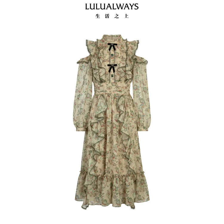 LULUALWAYS我爱露露26春季新款法式复古长袖收腰显瘦荷叶边连衣裙
