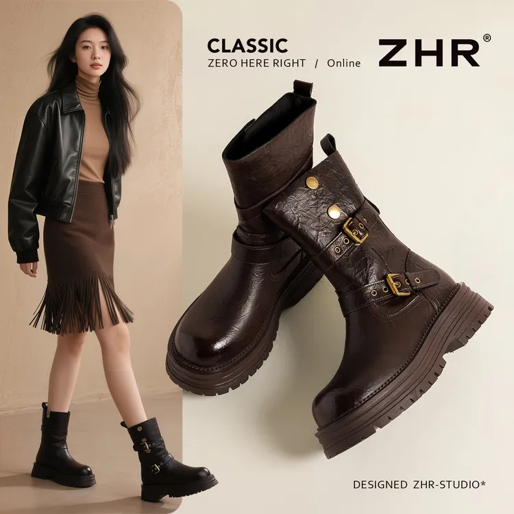 ZHR皮带扣马丁靴粗跟新款骑士靴厚底增高女短靴时装机车靴中筒靴