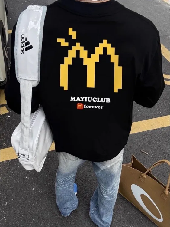 美式高街宽松圆领M记字母秋冬季简约印花重磅纯棉长袖T恤打底衫潮