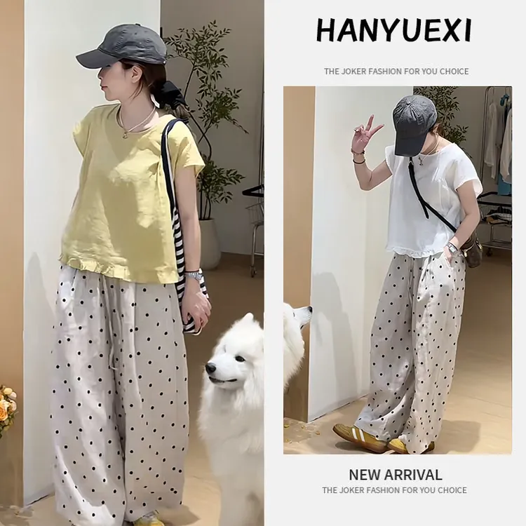 夏季时尚一整套女装2025新款韩系宽松短袖衬衫波点阔腿裤两件套装