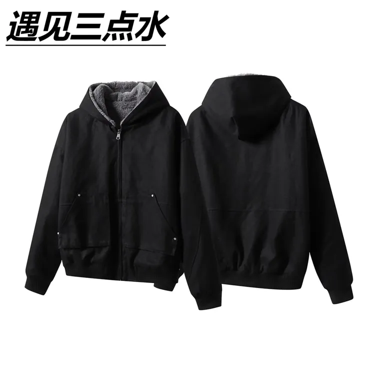 遇见三点水秋冬防寒座山雕加绒加厚外套cleanfit重磅帆布水洗棉服