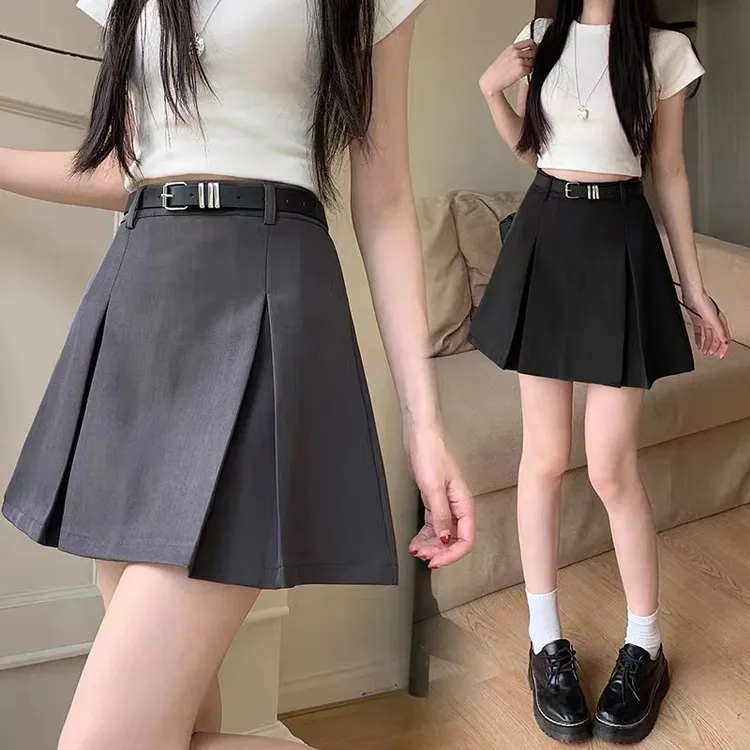 灰色西装半身裙女秋季新款显瘦高腰小个子辣妹a字百褶半裙短裙子