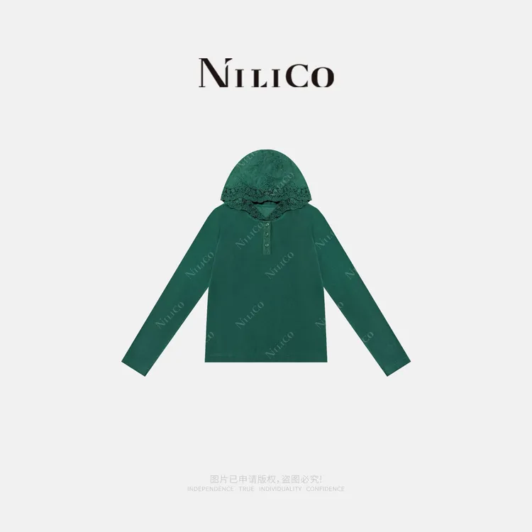 NILICO【翡翠海岸】舒芙绒拼花边连帽休闲女长袖卫衣