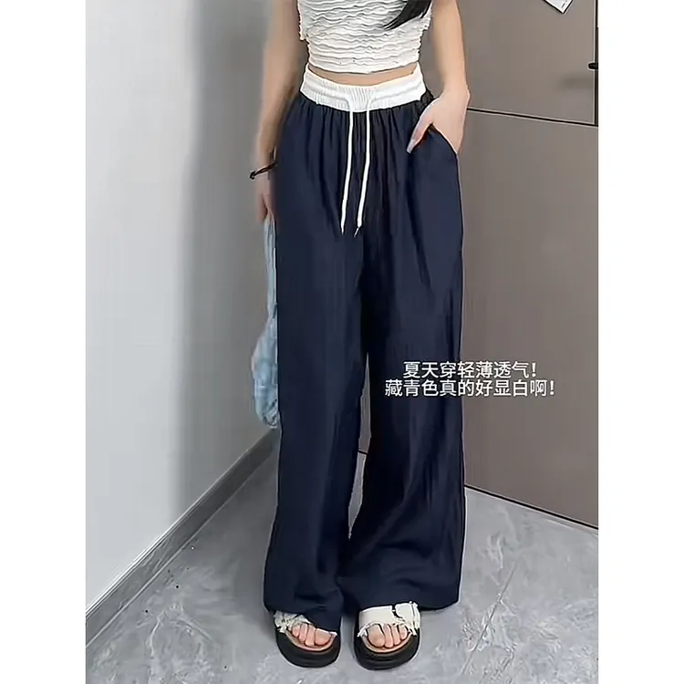 垂感口袋辣妹阔腿降落伞裤运动显瘦时尚夏季薄款休闲裤直筒裤显白