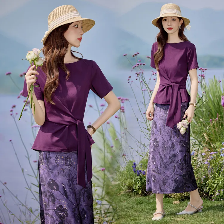 韩系皱褶短袖印花T恤套装女2025夏季新款修身显瘦气质半身裙两件
