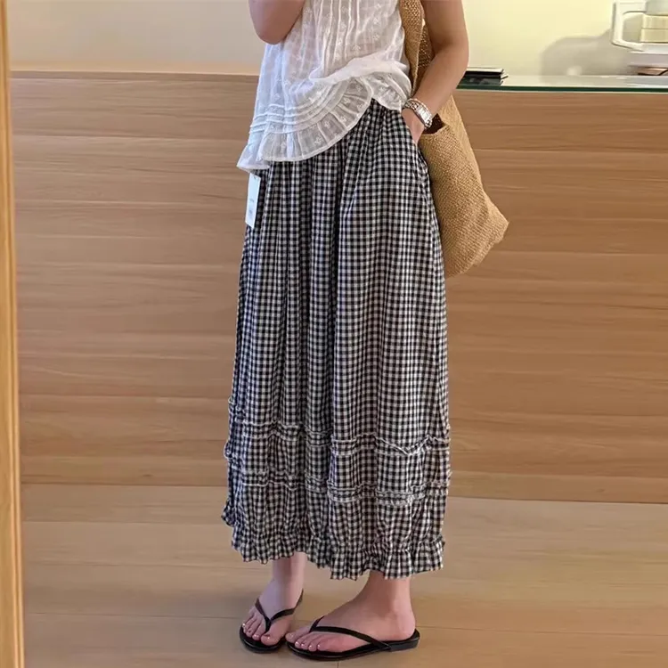 花边格子阔腿裤女夏季薄款2025新款高腰宽松显瘦九分灯笼休闲裤