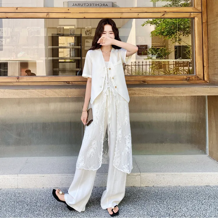 老钱风短袖蕾丝罩衫阔腿裤2025夏季新款简约韩系ins风白色三件套