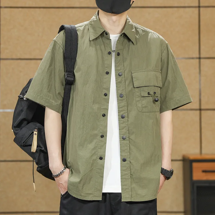 高端美式复古工装短袖衬衫男夏季新款休闲户外痞帅宽松大码衬衣男