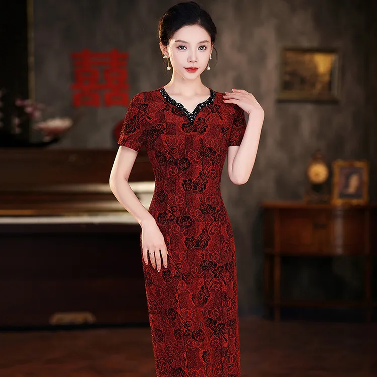 高级感妈妈婚礼礼服大码夏季结婚红色喜服高端喜婆婆婚宴装连衣裙