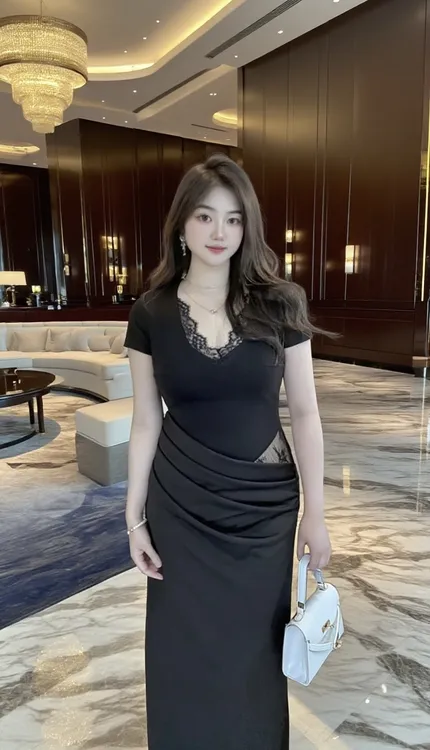 【肉肉桃】微胖夏季新款纯欲甜辣V领蕾丝修身气质显瘦短袖连衣裙