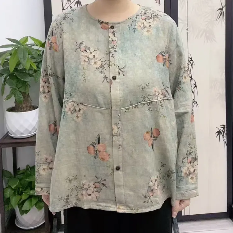 8047印花复古国风宽松长袖衬衫
