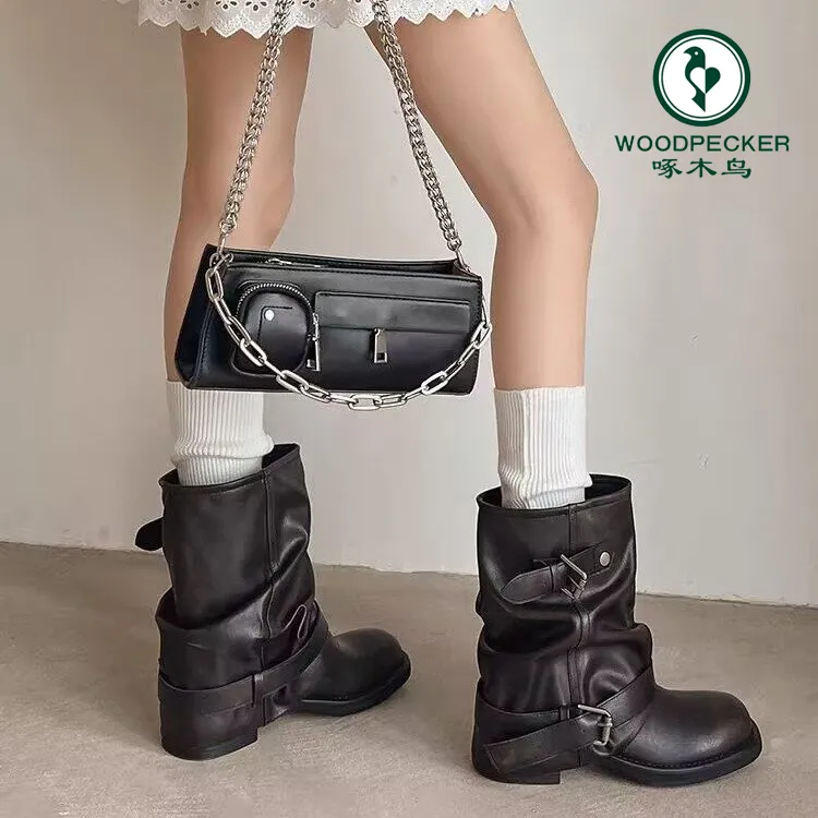 啄木鸟复古裤管靴女黑色褶皱西部牛仔靴秋冬中筒短筒骑士靴堆堆靴