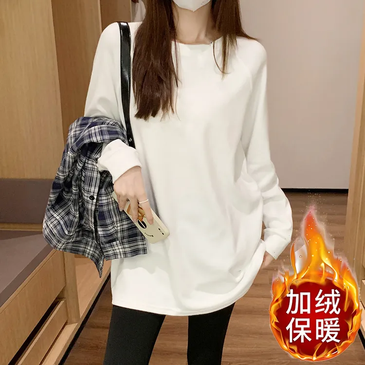 95%棉加绒打底衫】中长款长袖T恤女插肩袖宽松上衣女显瘦遮肚子